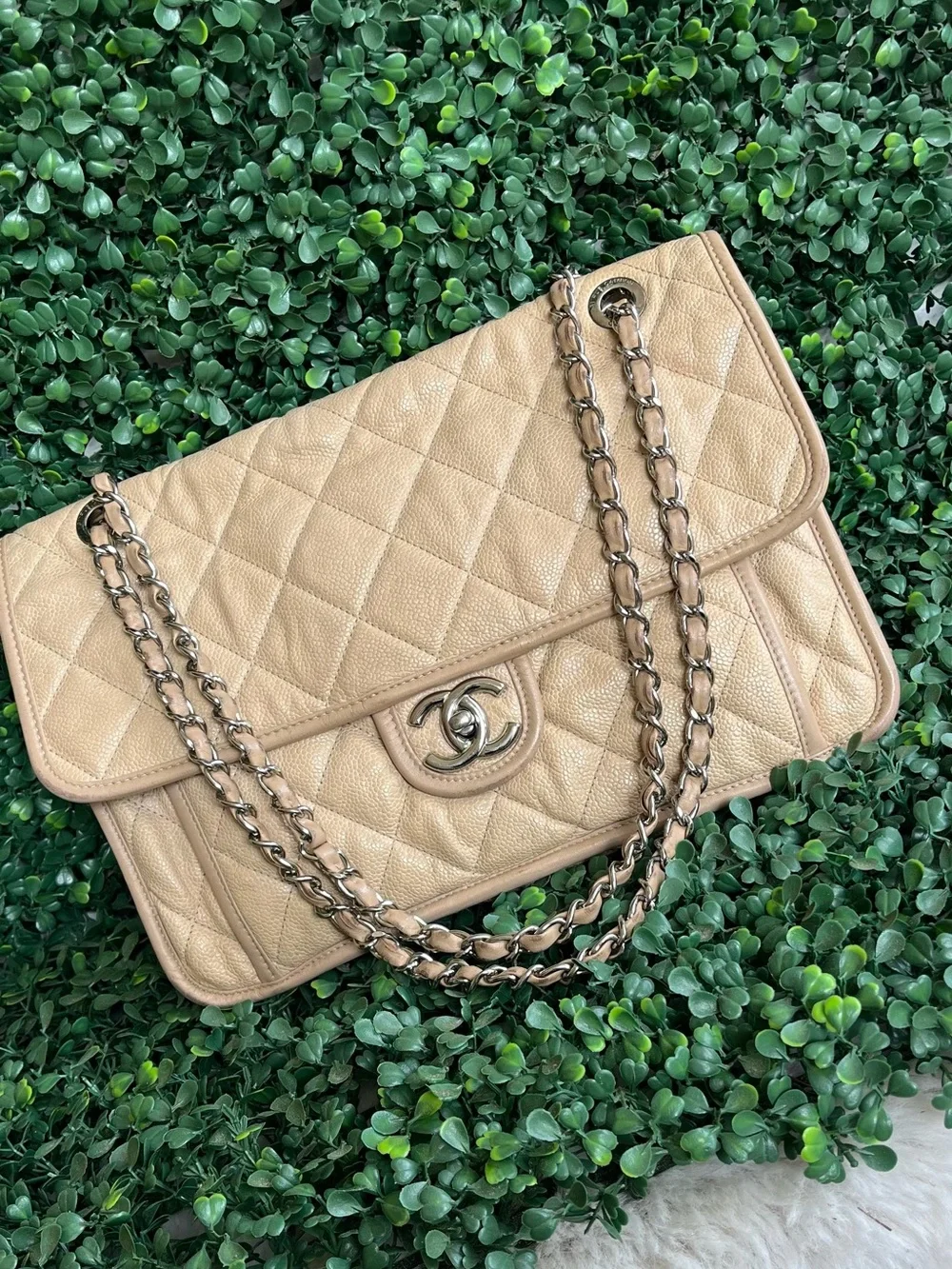CHANEL Beige Quilted Leather Shoulder Bag with Silver-Tone CC